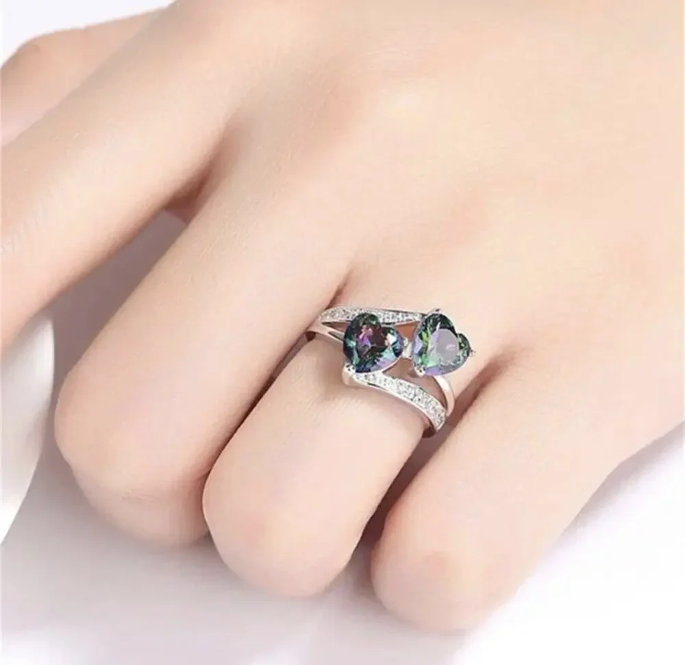 925 Sterling Silver Double Heart Mystic Topaz Rainbow CZ Ring Sz 6.5